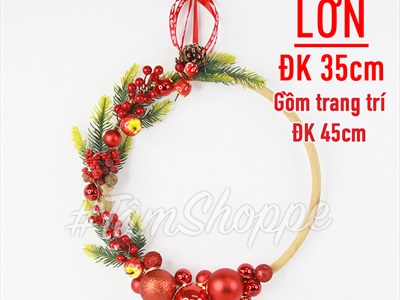 Vòng nguyệt quế Noel nửa vòng mây lá PE châu đỏ ĐK30-40cm (Có đèn Led) VNGQ-X-36
